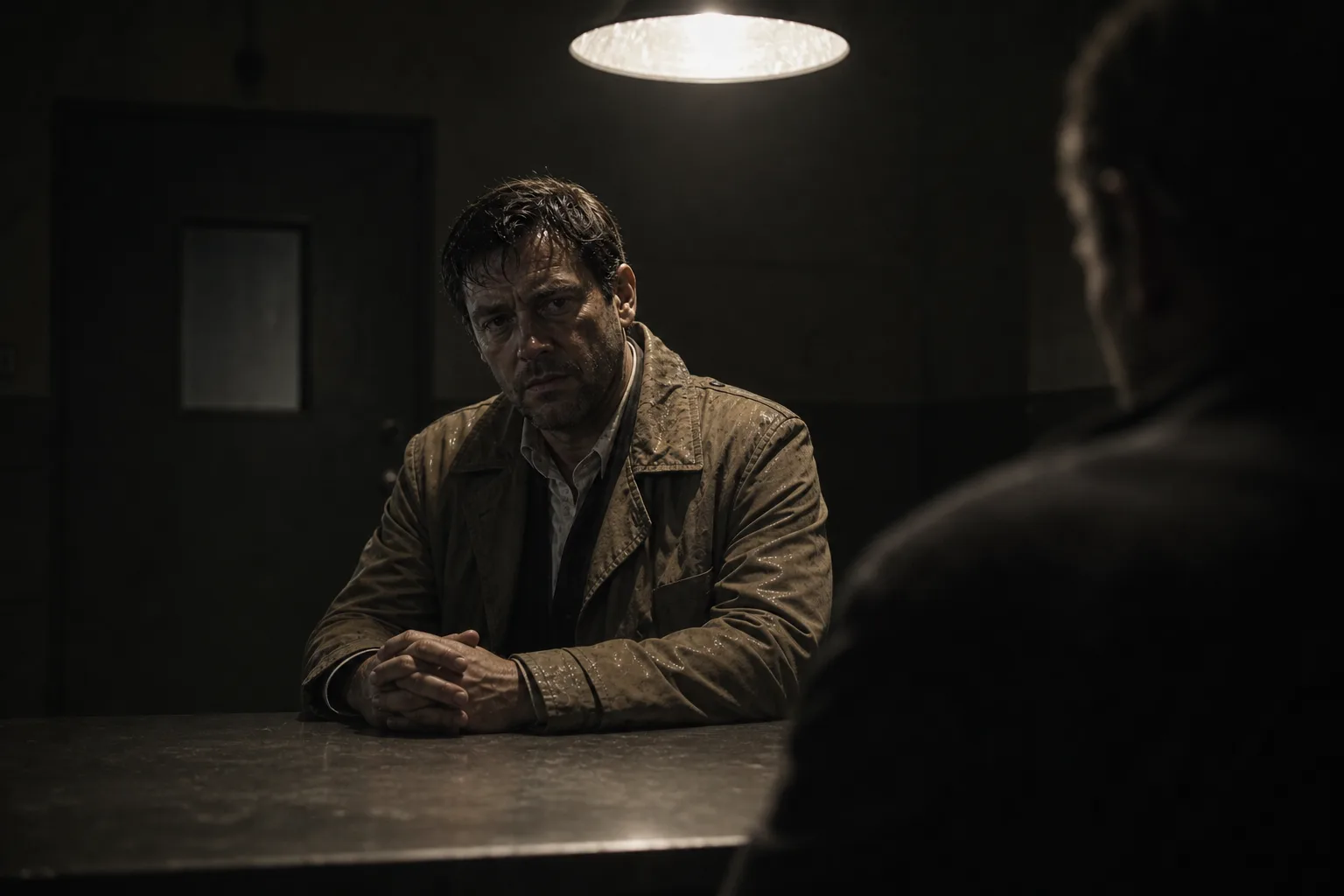 Same locked character in an interrogation room, medium shot