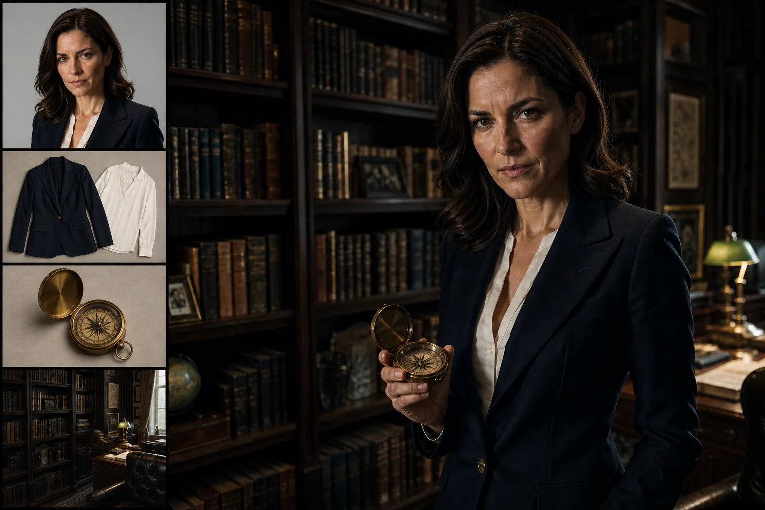 One scene showing all five SparkStation continuity locks holding at once: a locked character's identity, expression, wardrobe, location and a held prop