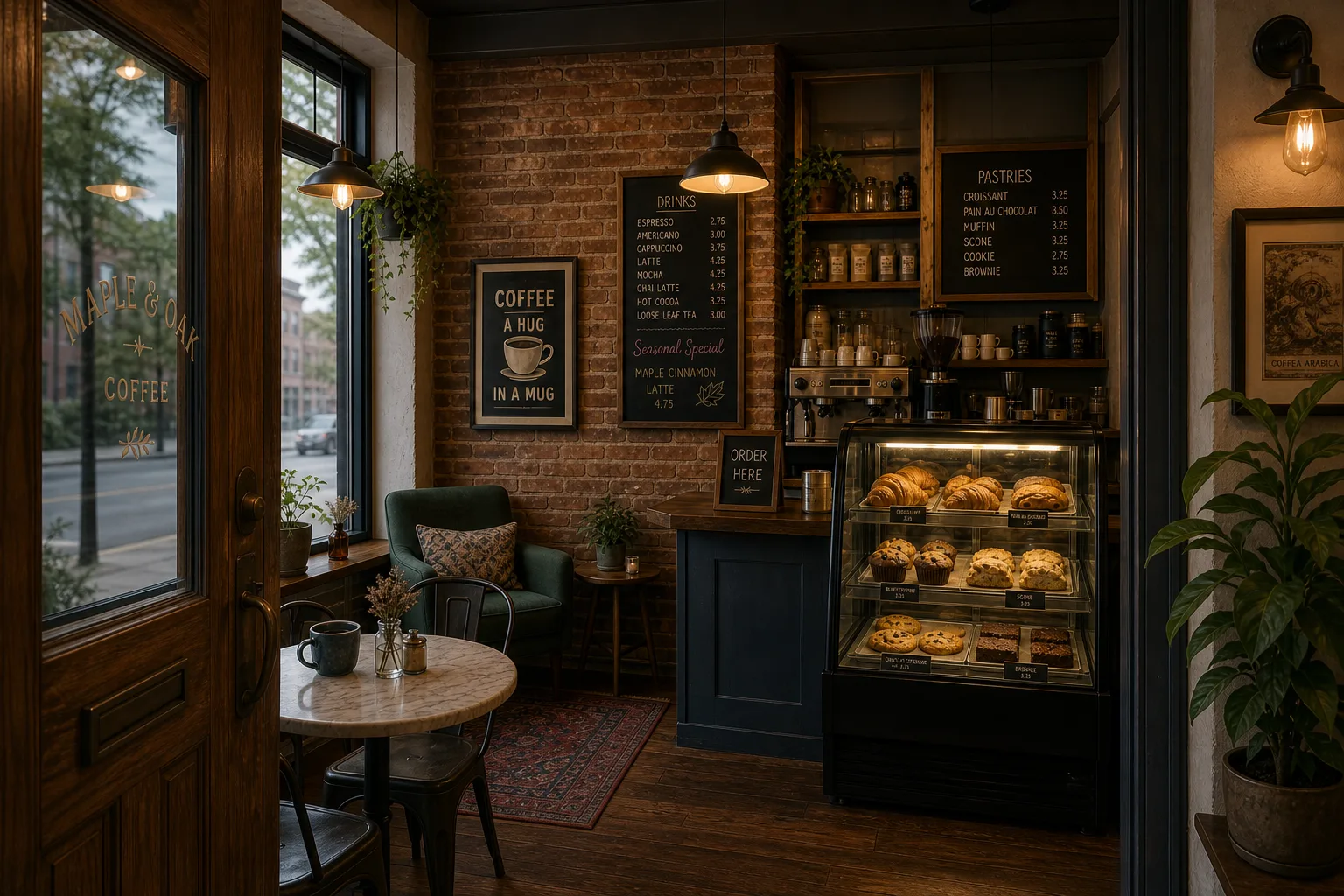 Location-locked café, wide shot from the doorway
