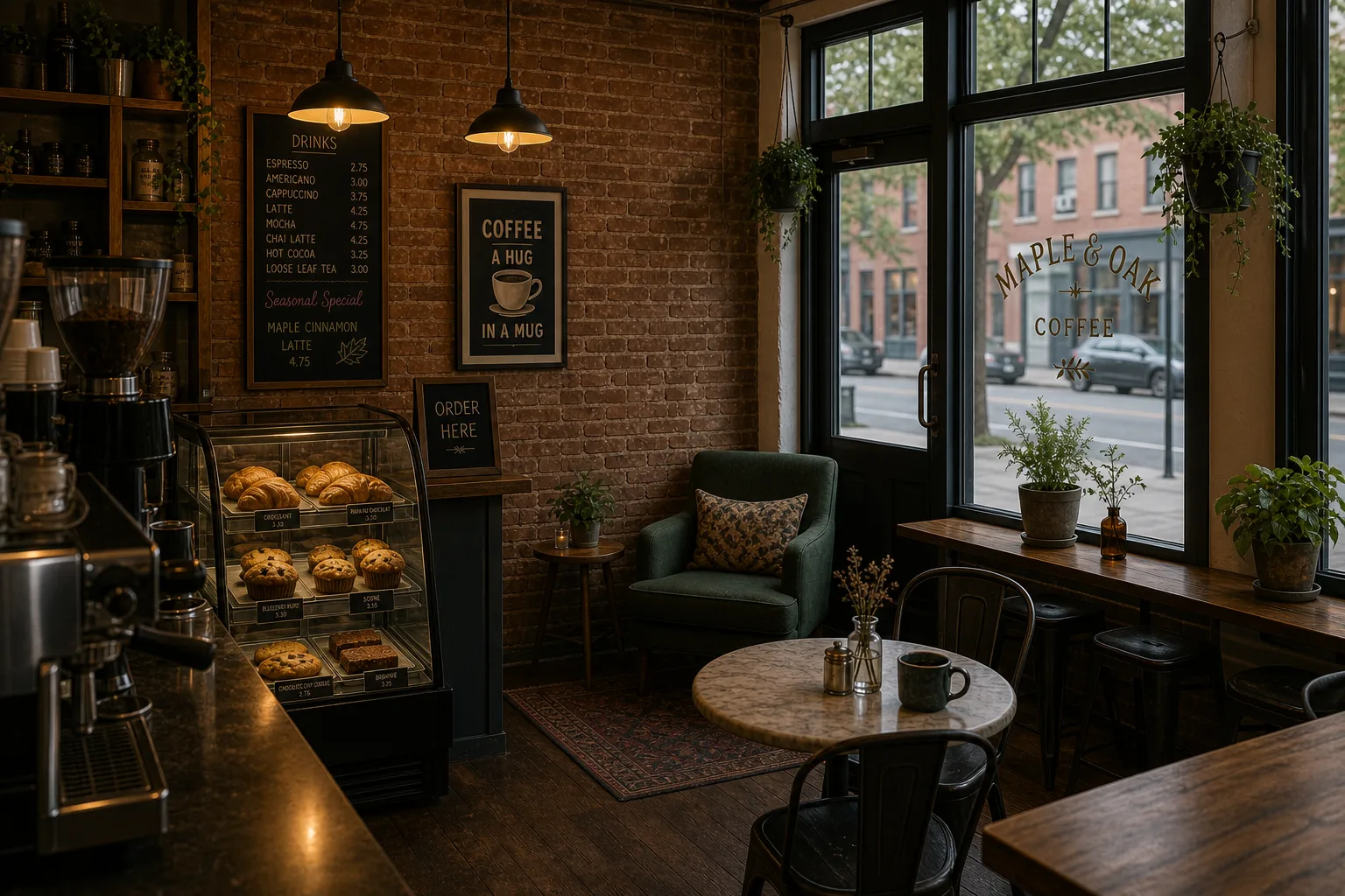 Location-locked café, reverse angle from behind the counter