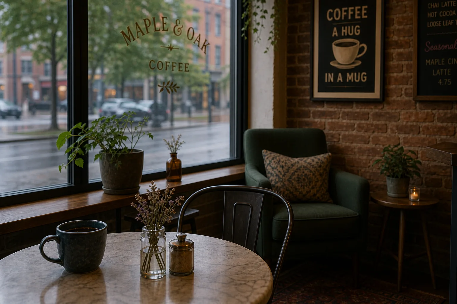 Location-locked café, close angle on the window-side table