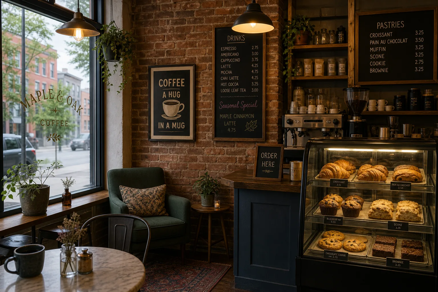 Unlocked generation of a café interior, angle one