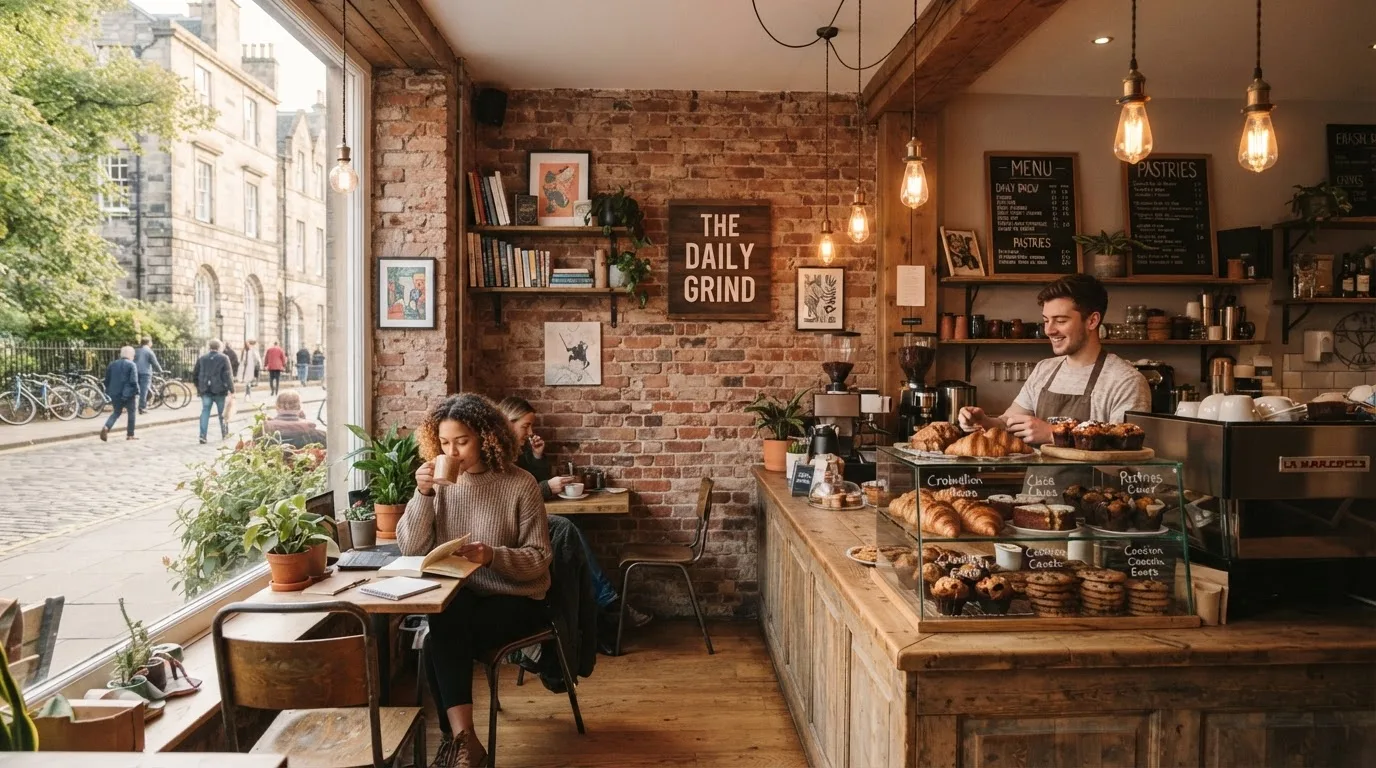 Unlocked generation of the same described café, angle three, pastry case has moved to a different wall and the lighting fixtures have changed style