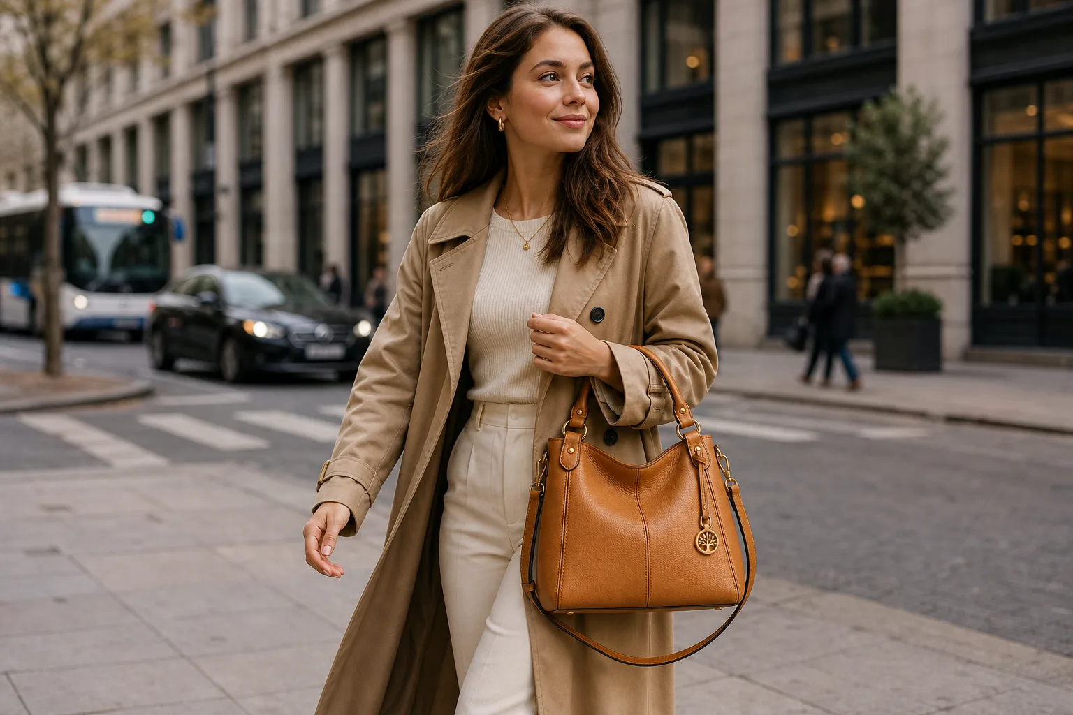 Object-locked handbag held on a city street