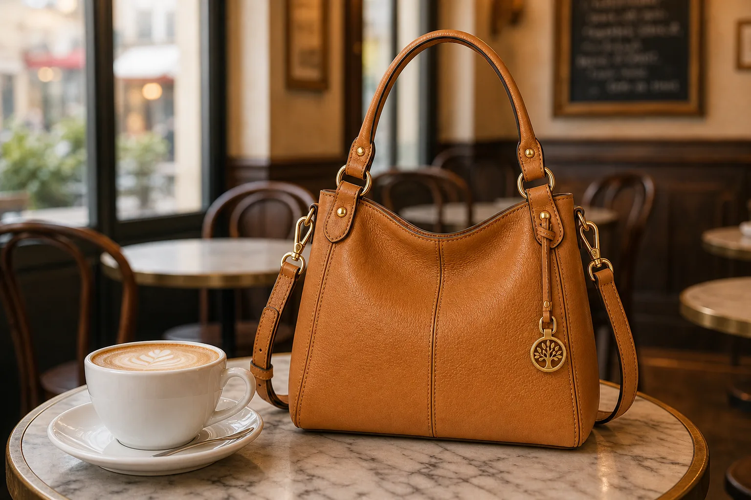 Same object-locked handbag set on a café table