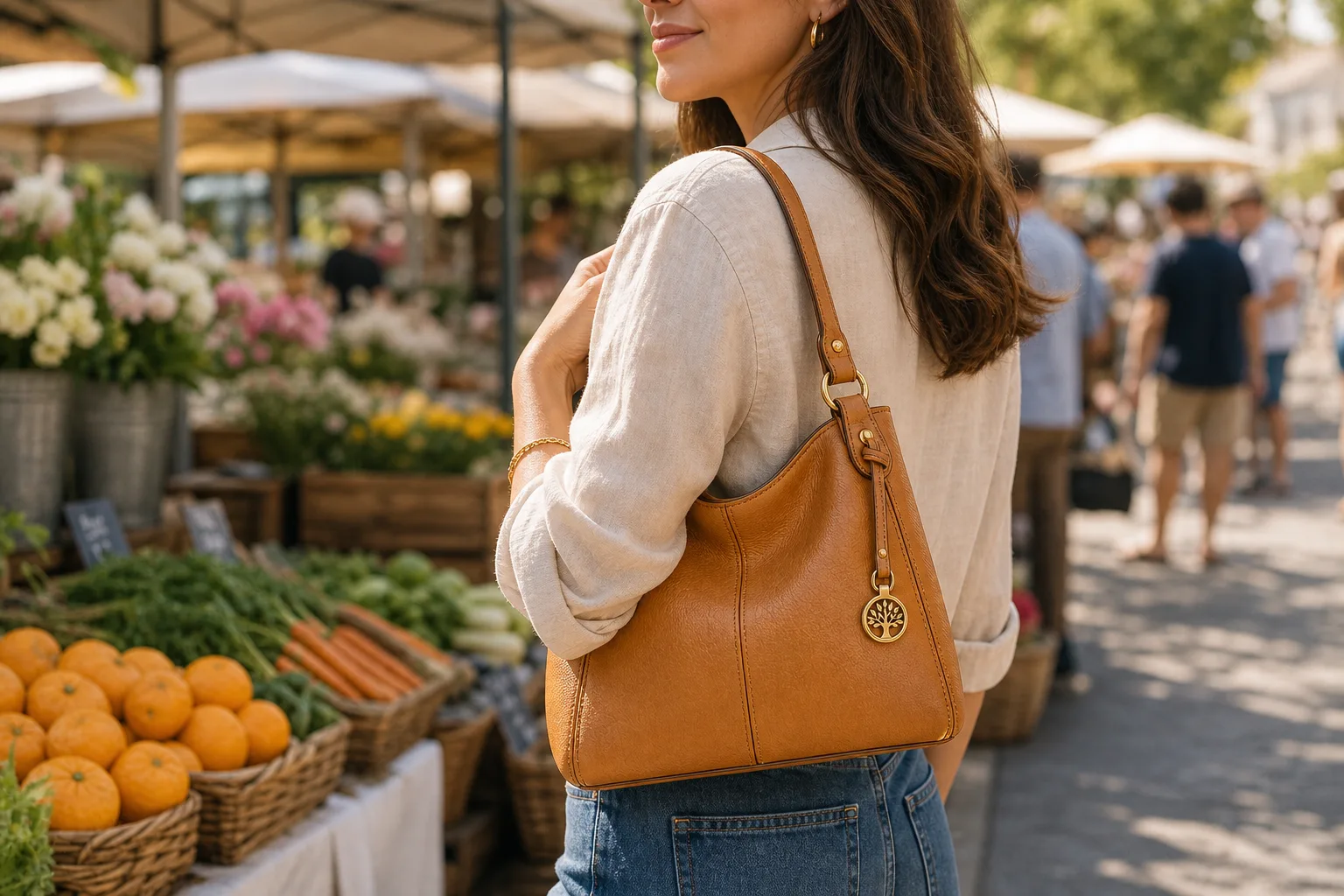 Same object-locked handbag worn at an outdoor market