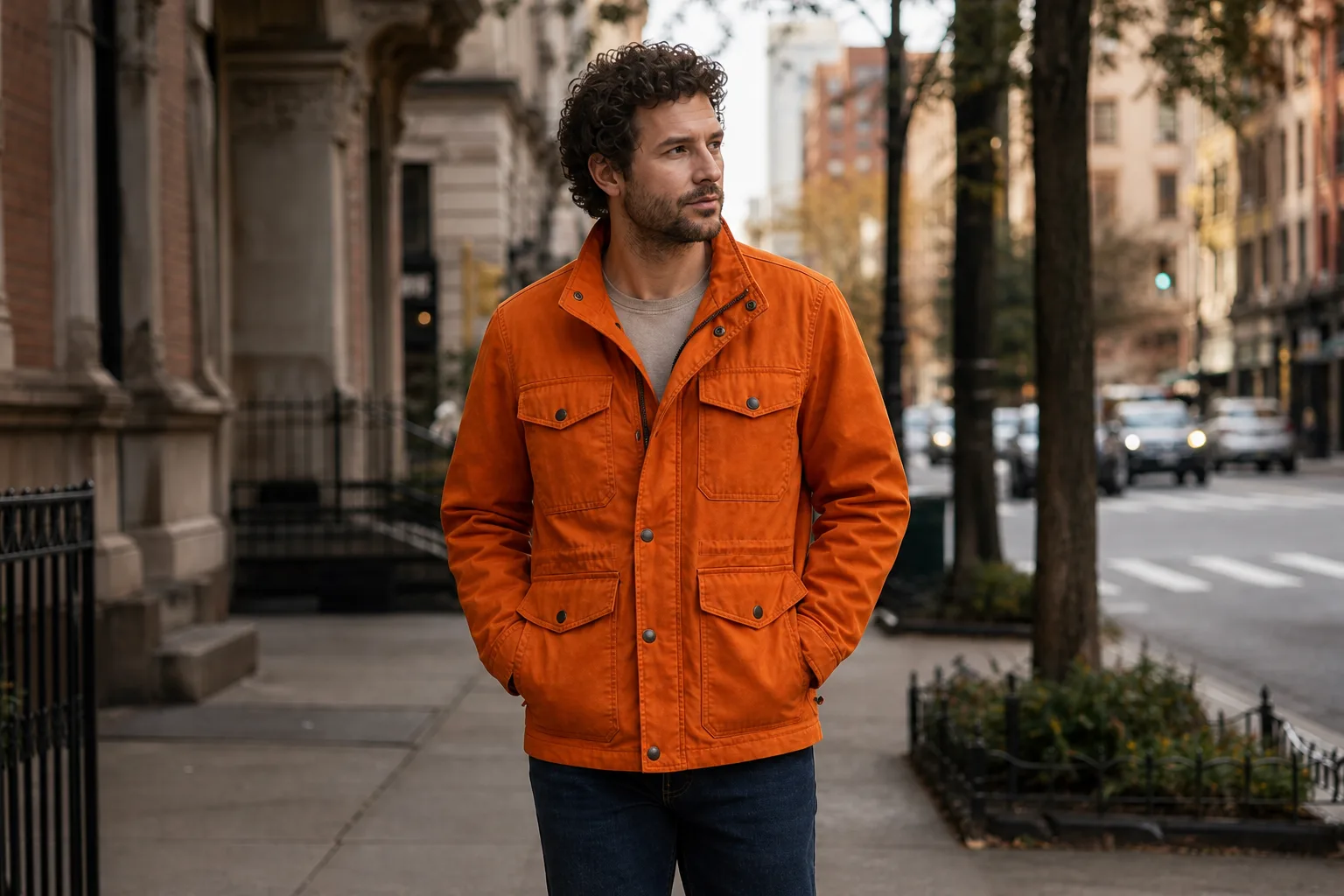 Wardrobe-locked medium two-shot, identical jacket and shirt