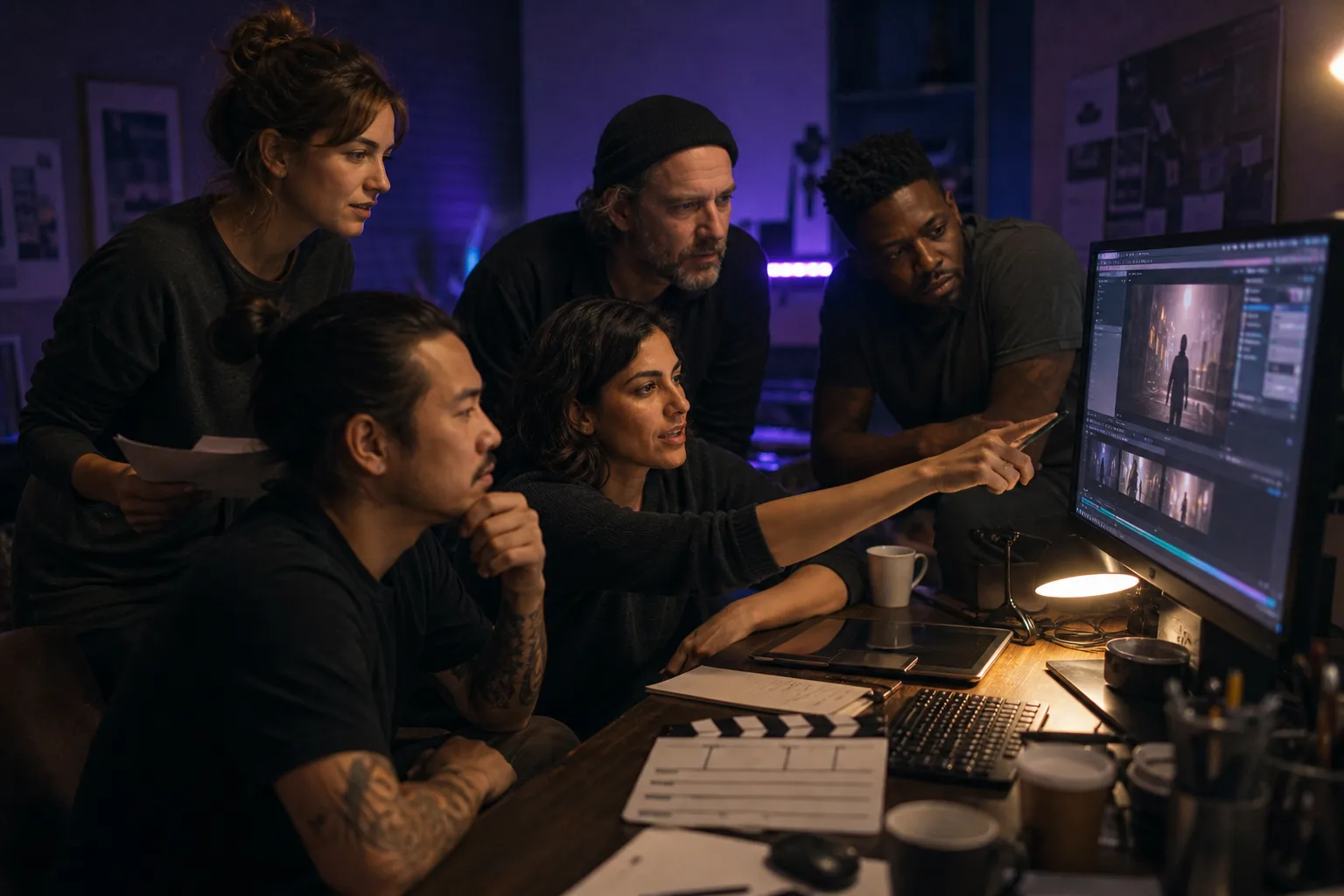 SparkStation's product team of filmmakers, editors and marketers reviewing a scene together