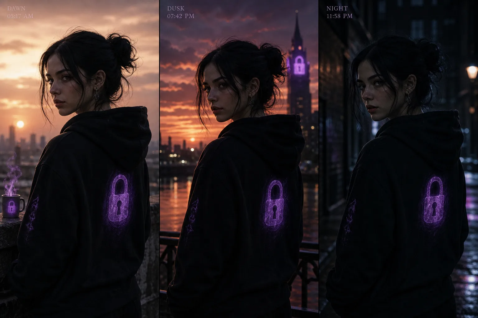 The same AI character kept consistent across dawn, dusk and night scenes