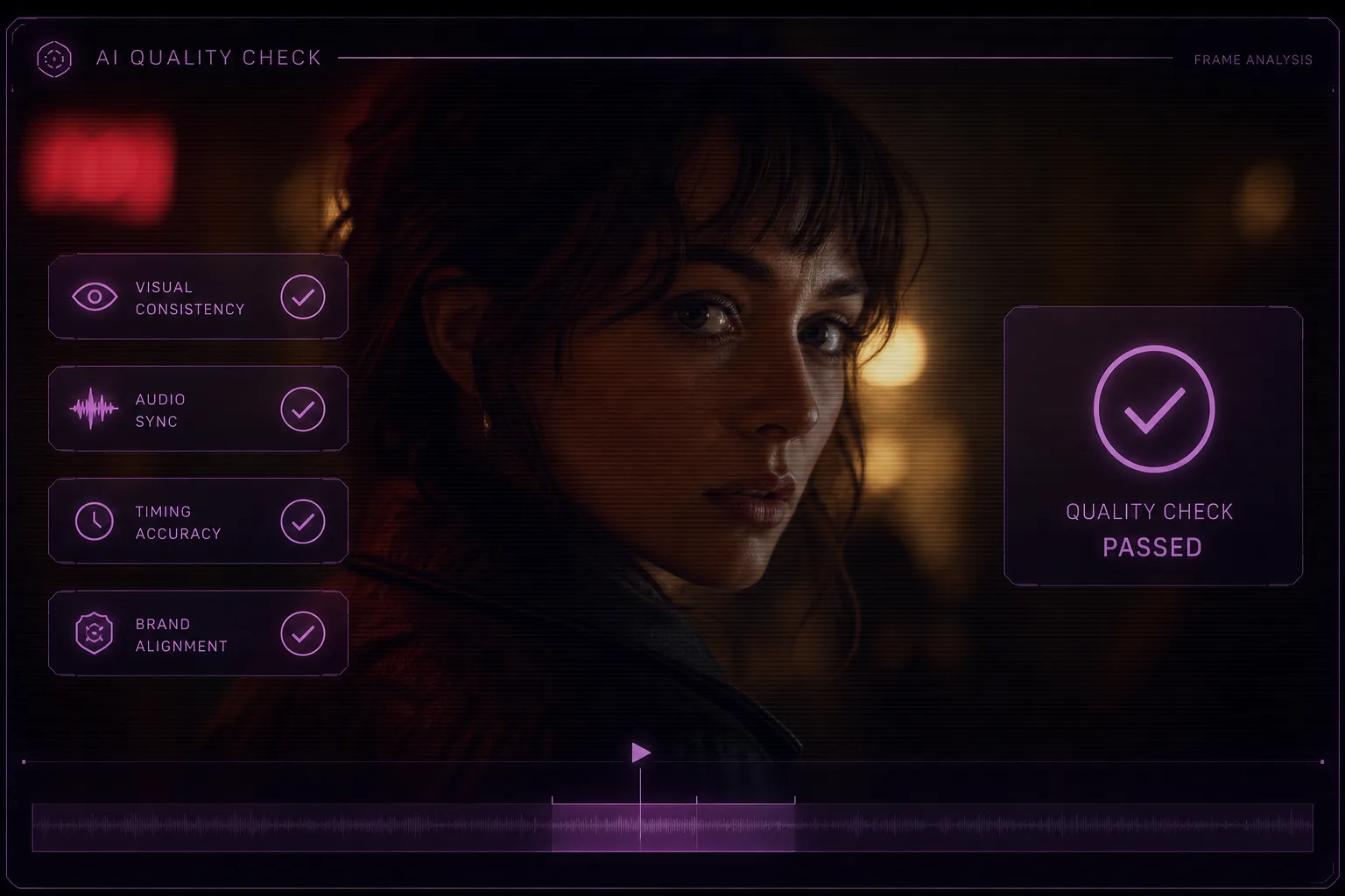 Automatic quality checks reviewing an AI-generated scene