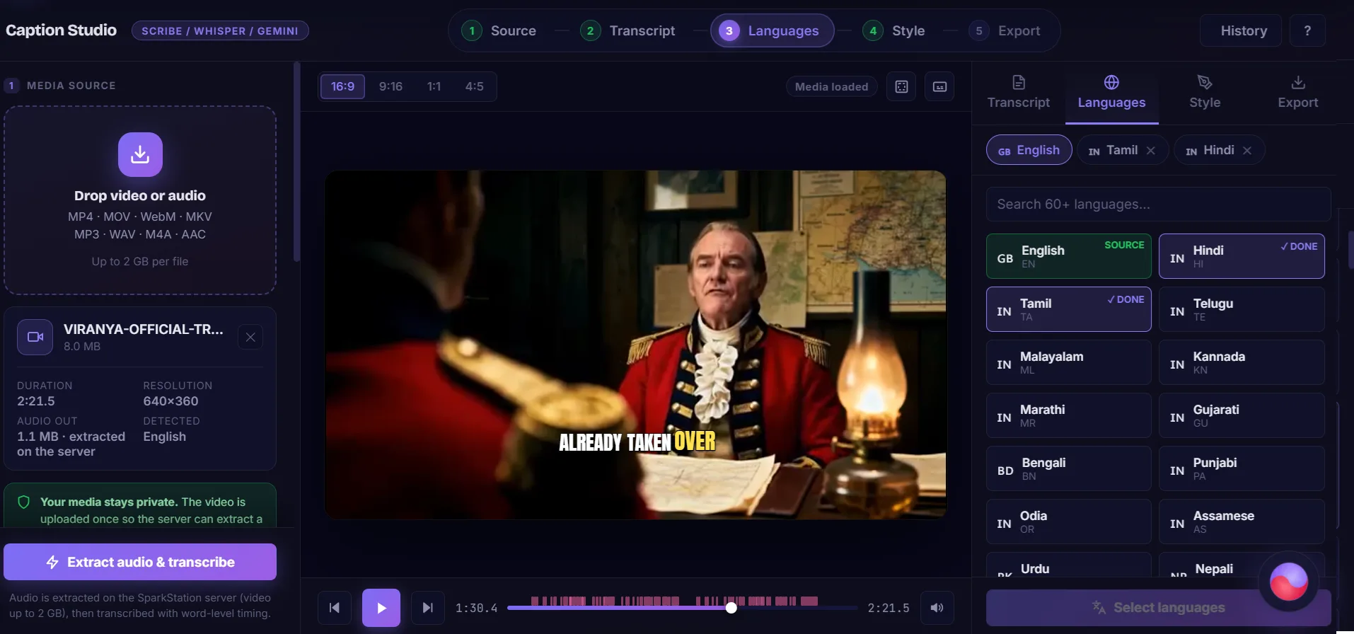 Subtitle Creator showing a Tamil translation burned live into the video preview, with English, Hindi and Tamil language tabs and a per-cue caption list
