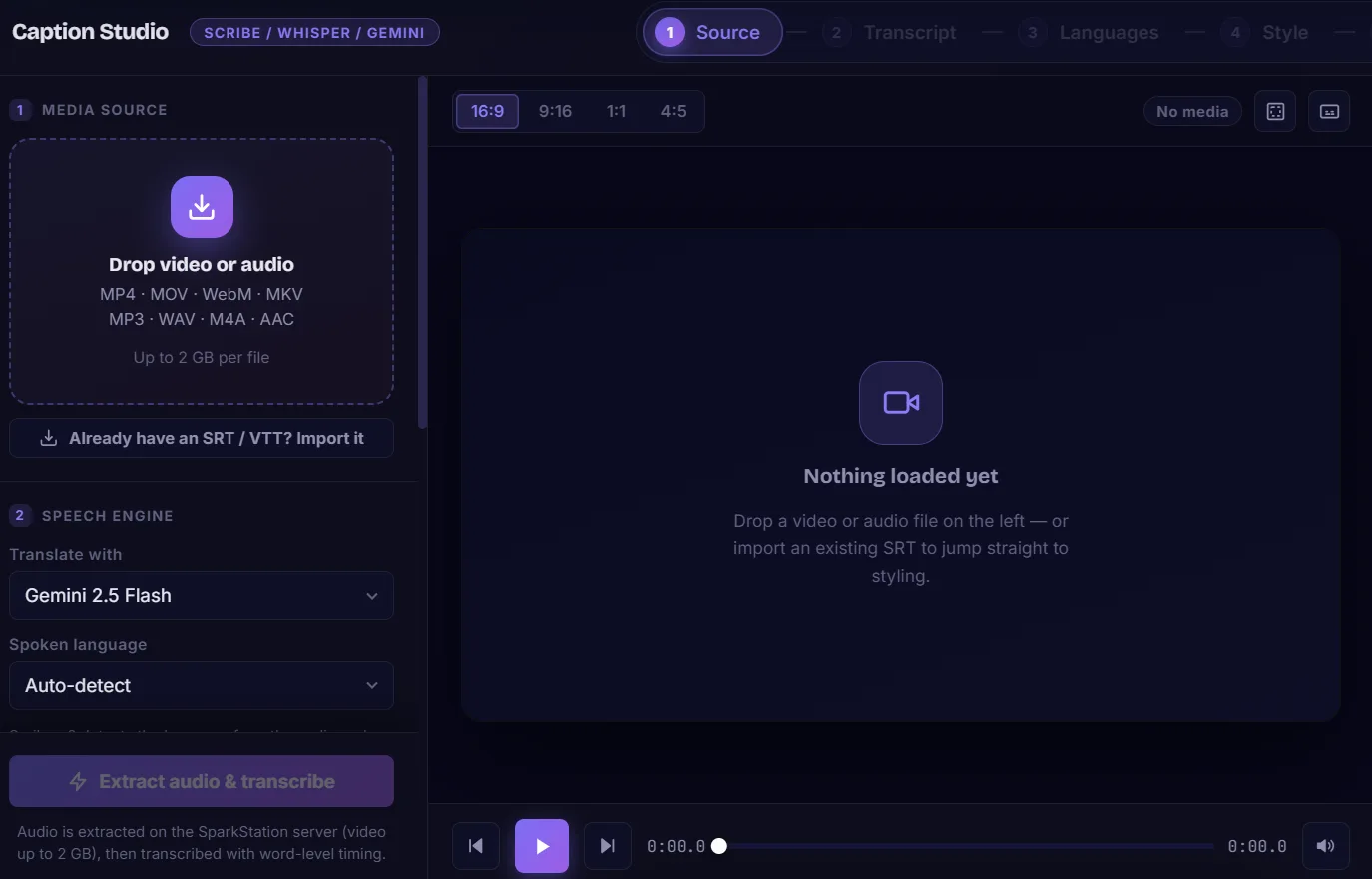 Subtitle Creator empty state, drop a video or audio file, with speech engine and transcription rule settings in the left panel