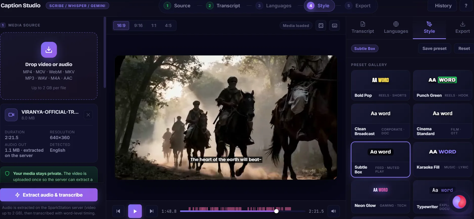 Cinema Standard preset applied, a small, clean, single-line subtitle typical of streaming platforms and theatrical releases