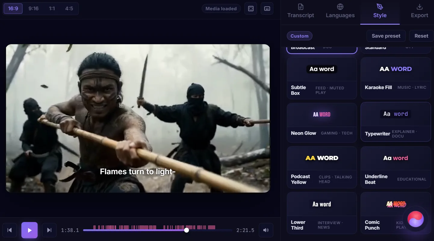Subtitle Creator's full preset gallery showing all 12 caption styles with live font previews