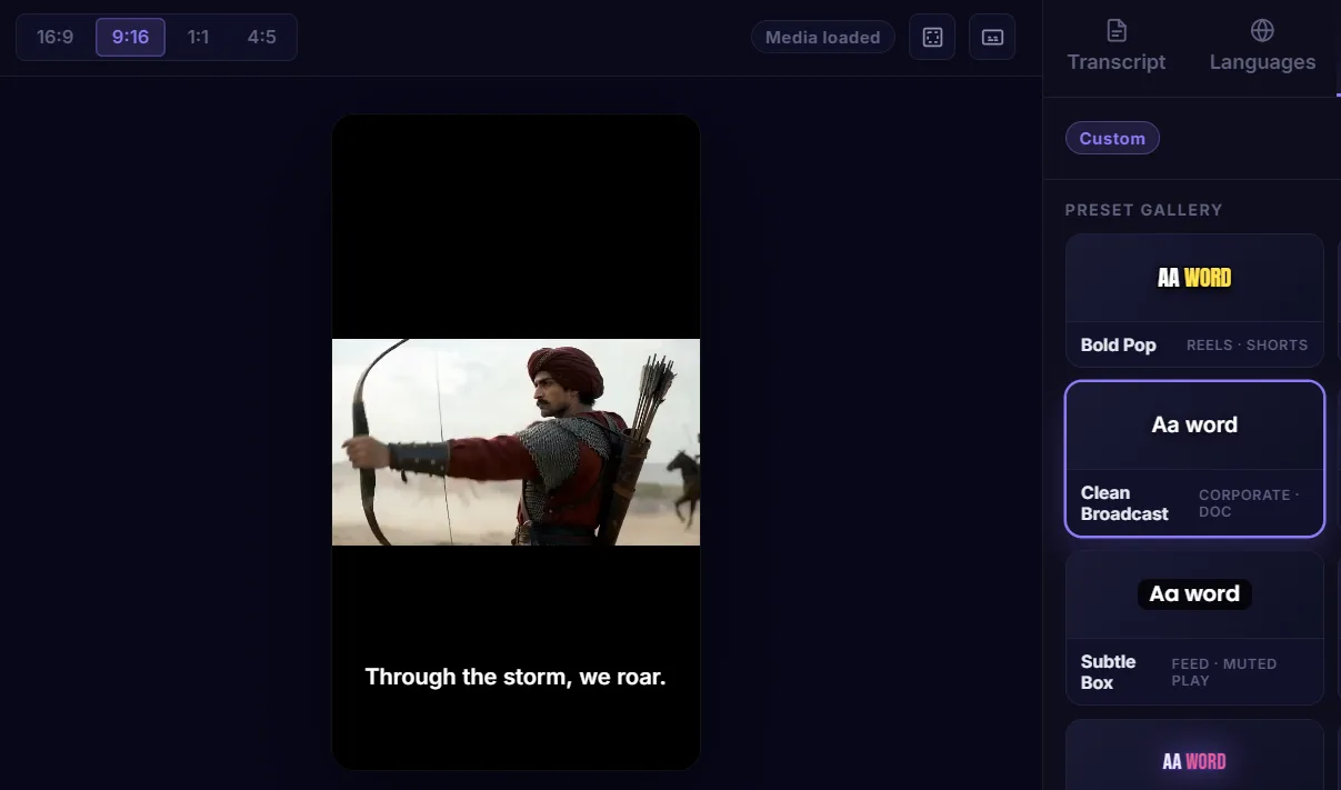 Bold Pop preset in a 9:16 vertical frame, showing large uppercase word-highlight captions built for Reels and Shorts