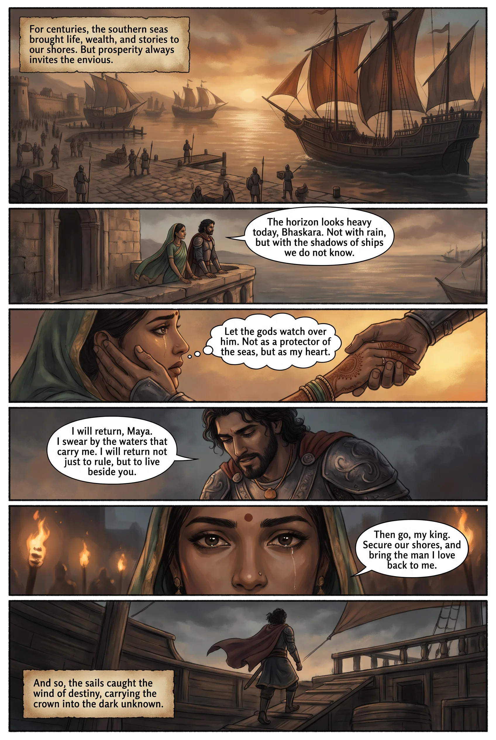 The Harbor of Departure, Graphic Novel style comic page, warm painterly art (5 pages, English)