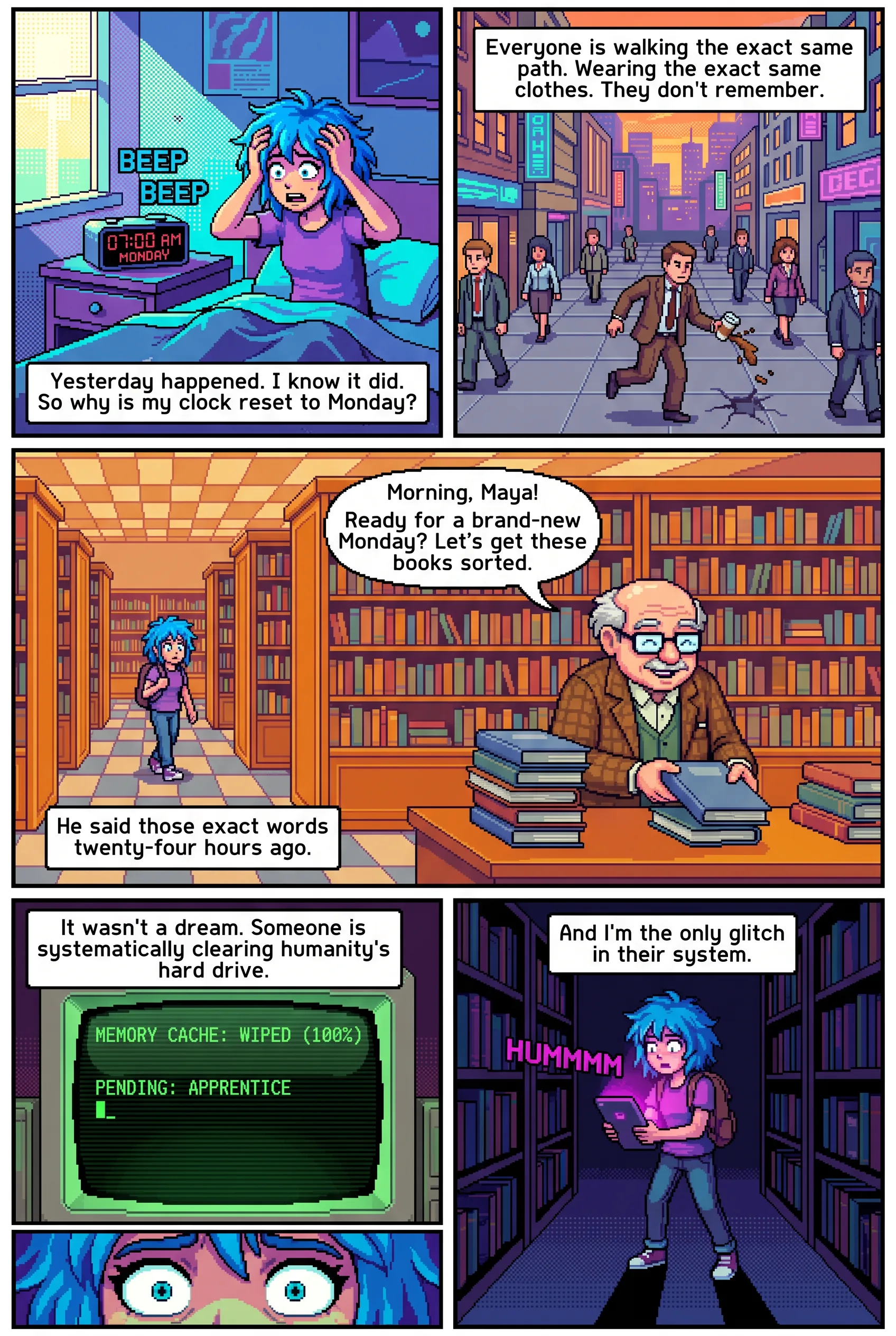 The Last Memory Keeper, Pixel Comic style time-loop story comic page (2 pages, English)