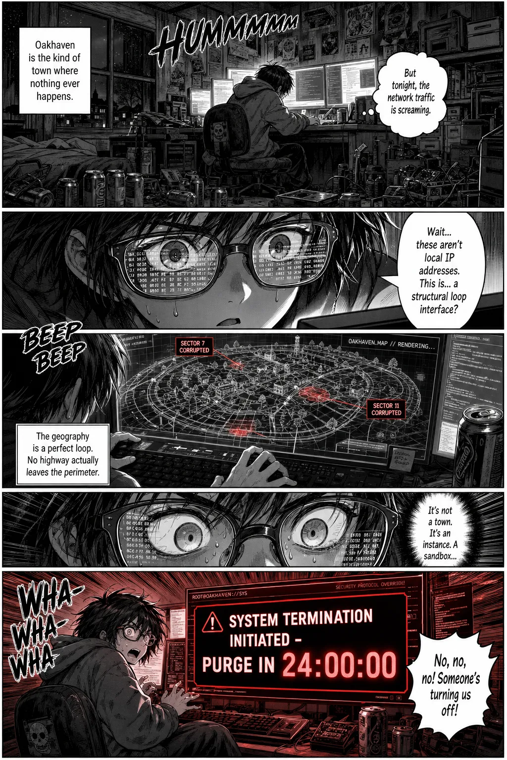 Reset Protocol, Manga style techno-thriller comic page (5 pages, English)