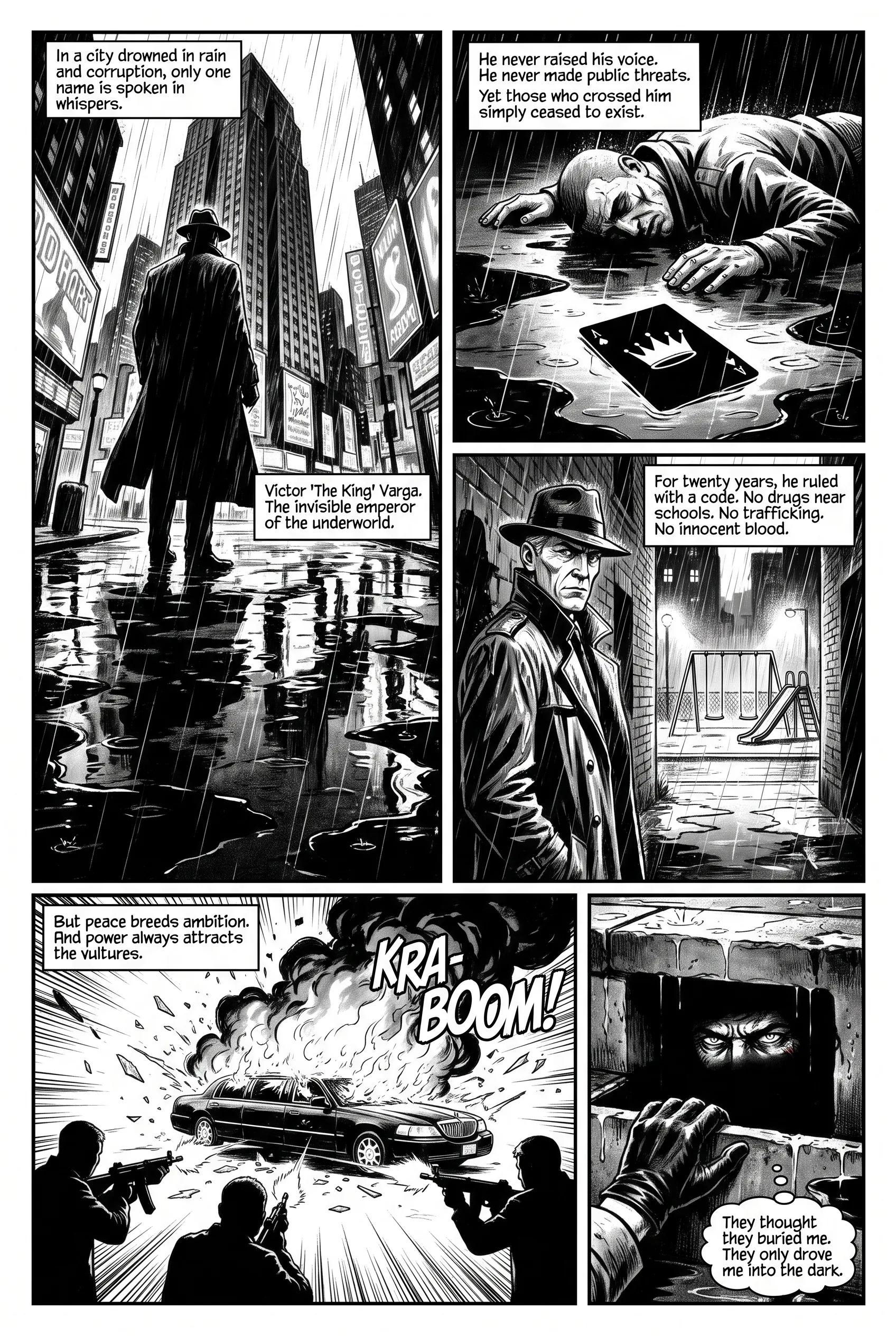 The Shadow King, Noir B&W comic page 1, a crime-boss revenge story (6 pages, English)