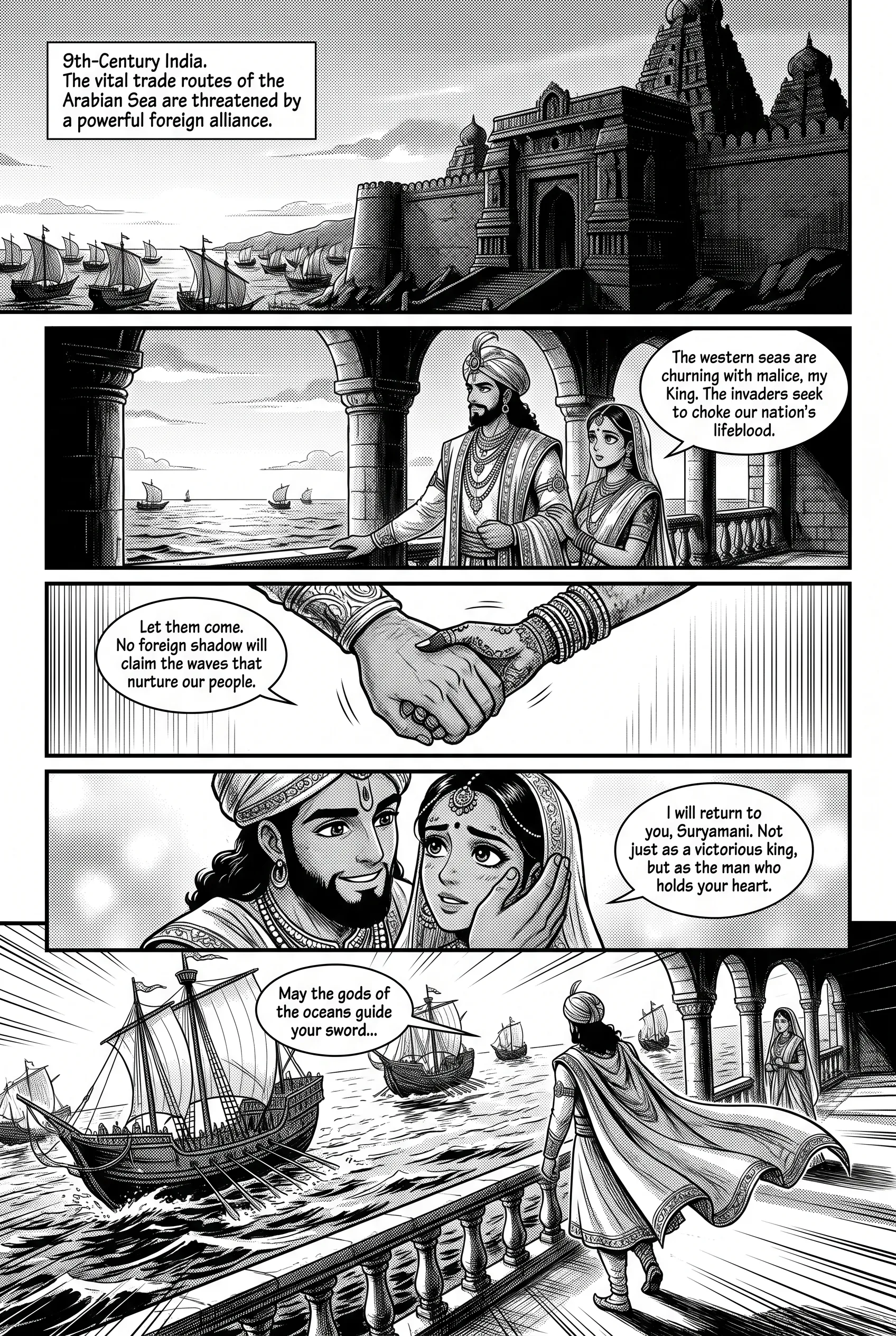 Throne of Waves, historical drama comic page, Noir B&W style (6 pages, English)