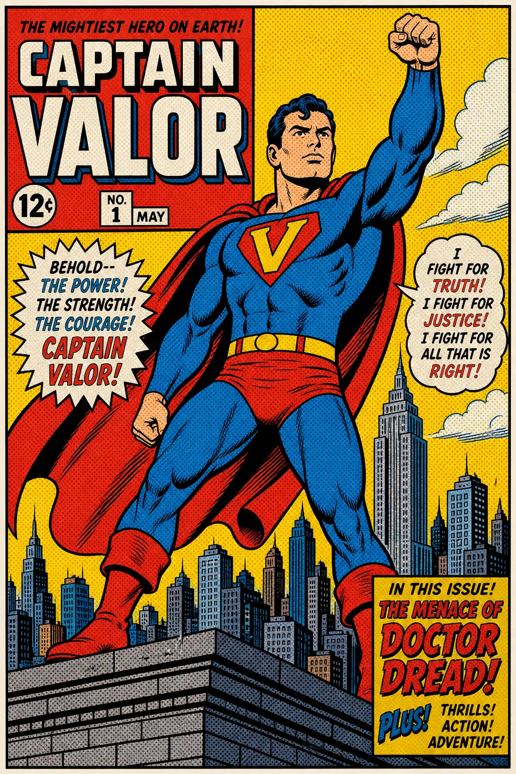 American Comics style example, Marvel/DC Ben-Day dots, primary colours