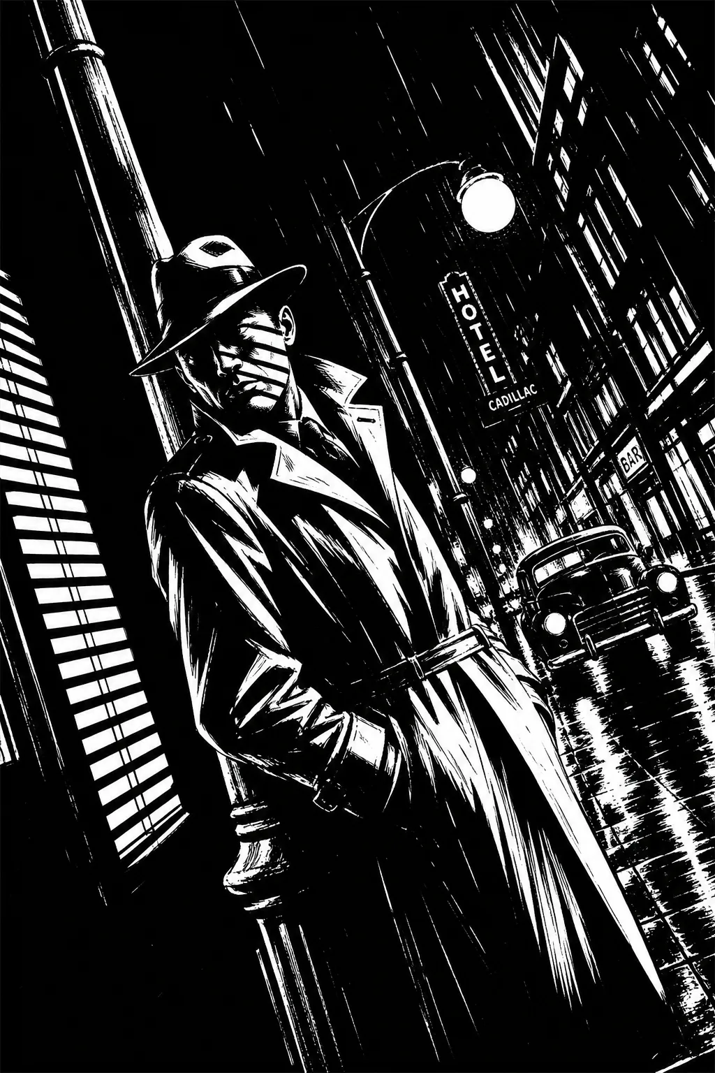 Noir B&W comic style example, high-contrast stark ink, no colour