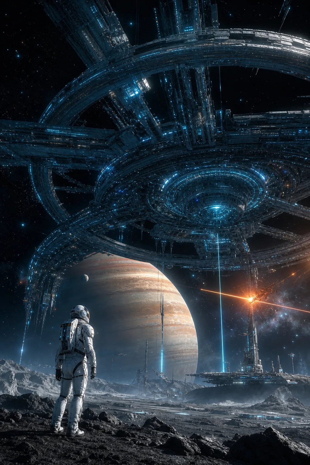 Sci-Fi Epic comic style example, space opera, neon palette, widescreen