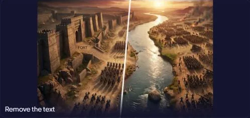Inpaint before/after removing text from a generated fantasy battle scene