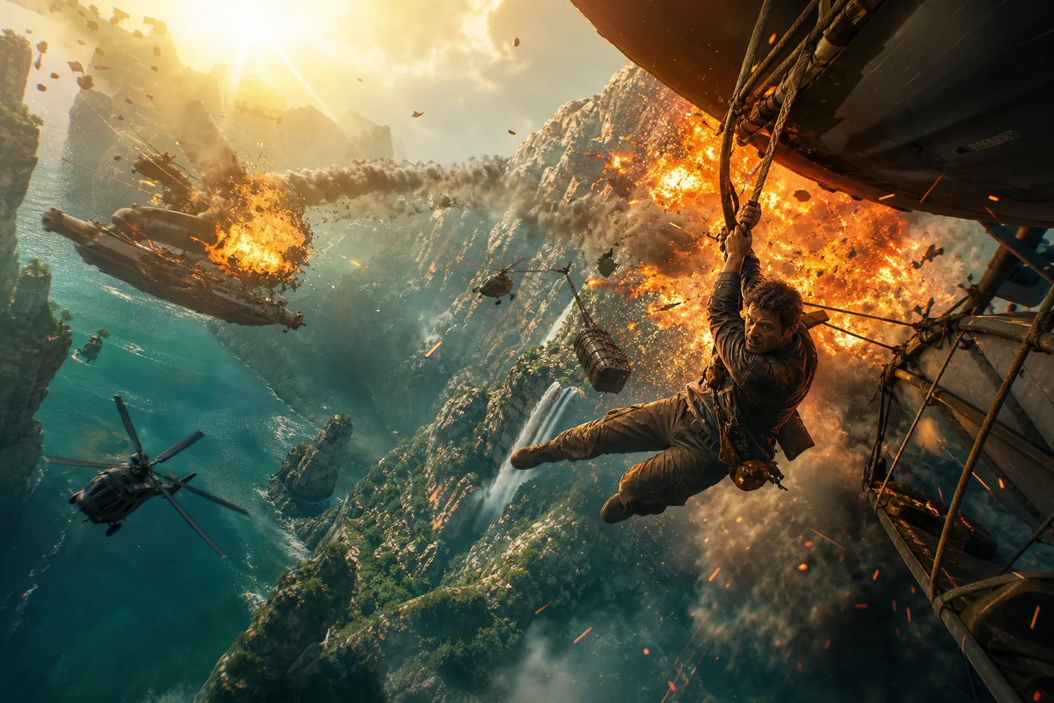 Blockbuster Action poster style: an explosive mid-air composition in saturated color