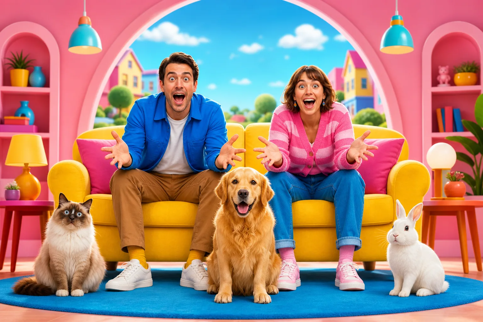 Bright Comedy poster style: saturated color and an ensemble cast having a good time