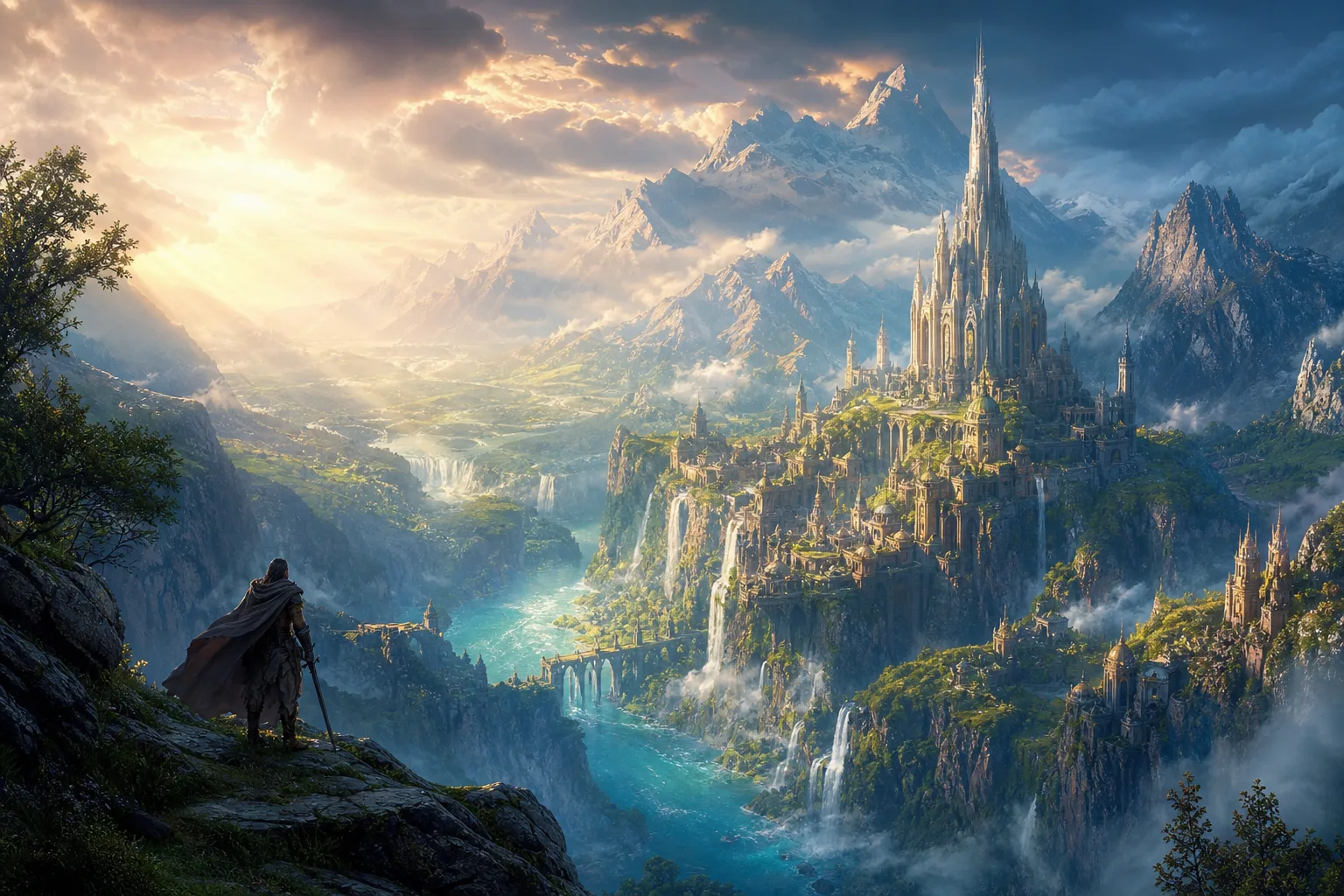 Epic Fantasy poster style: a sweeping vista with a distant citadel, painted-illustration grandeur