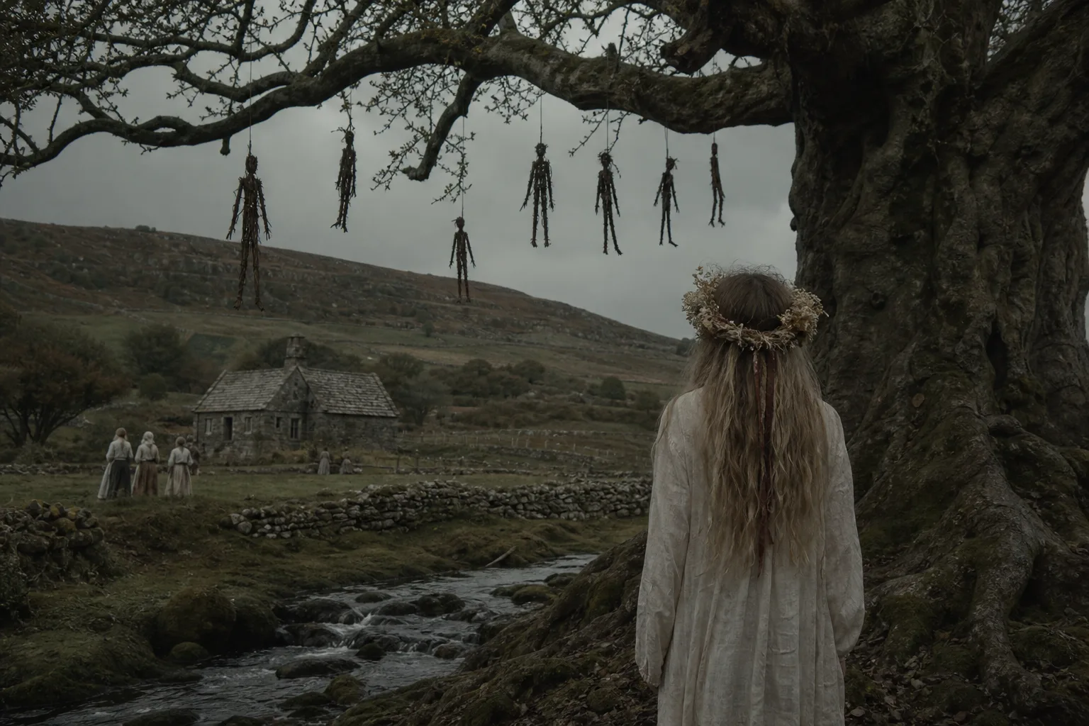 Folk Horror poster style: pastoral daylight with quiet ritual unease