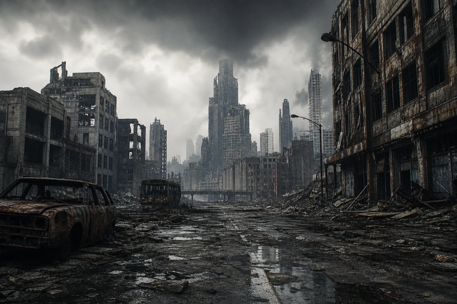 Gritty Dystopian poster style: desaturated ruins under overcast light