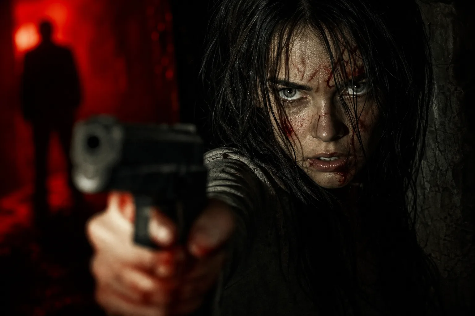 High-Contrast Thriller poster style: stark lighting on a tense mid-action moment