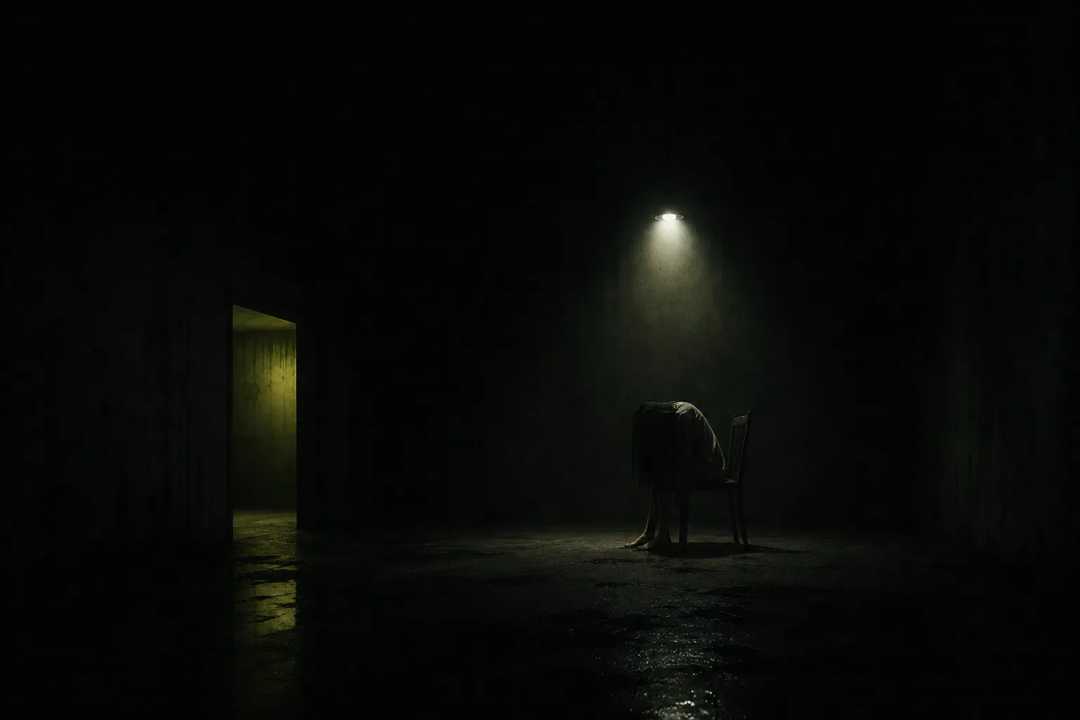 Horror Minimalist poster style: a single dim light source against negative space
