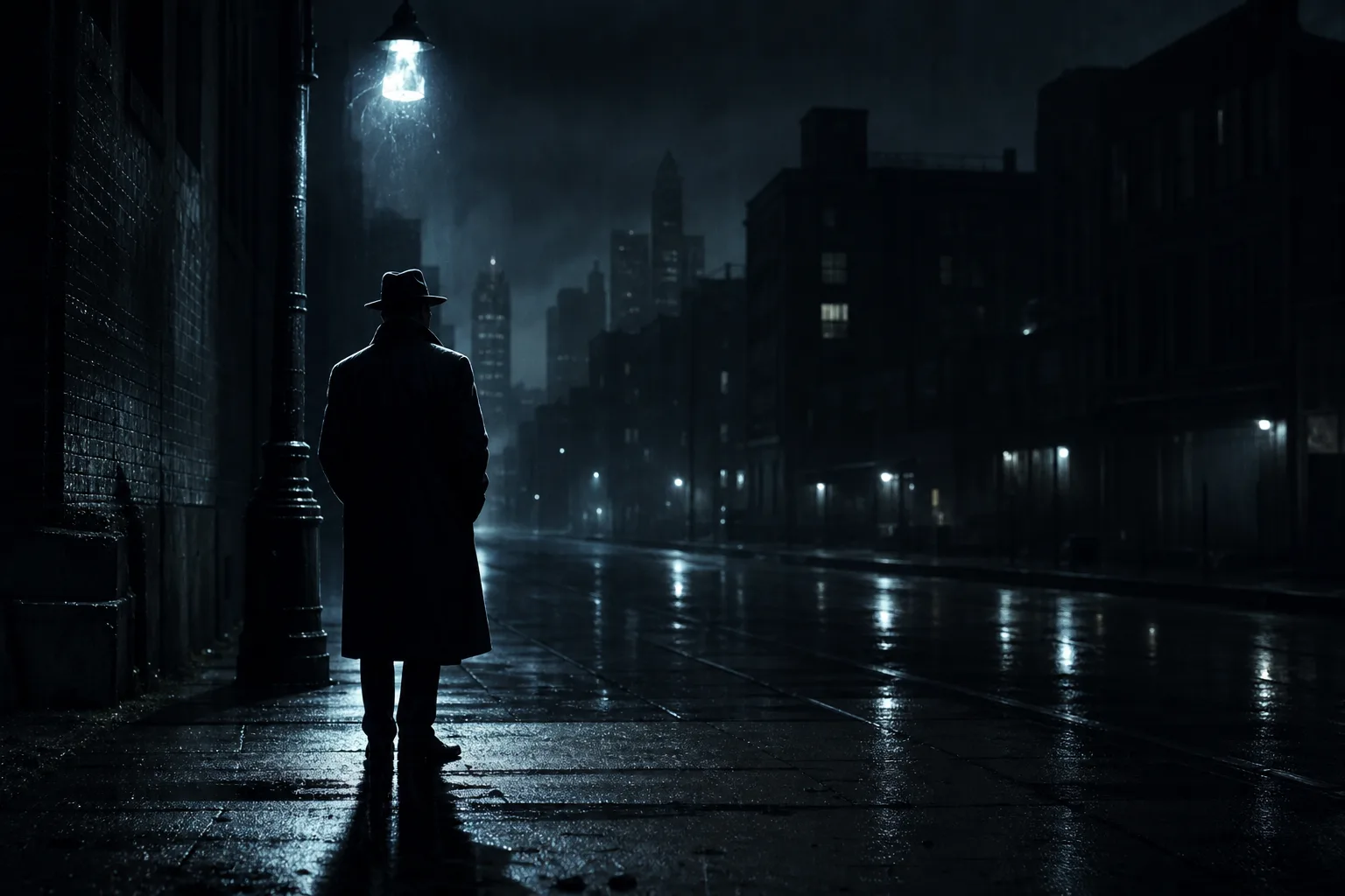 Neo-Noir poster style: high-contrast shadows and a lone silhouette on a rain-slicked street