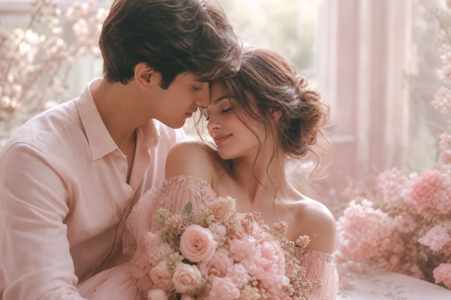 Pastel Romance poster style: soft focus and an intimate close two-shot