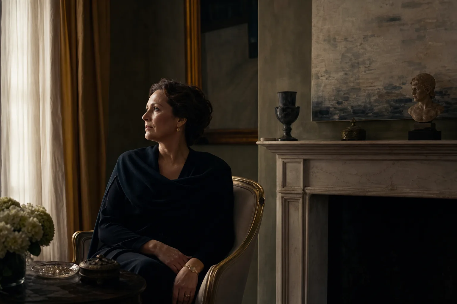 Prestige Drama poster style: a restrained, painterly interior scene in quiet light