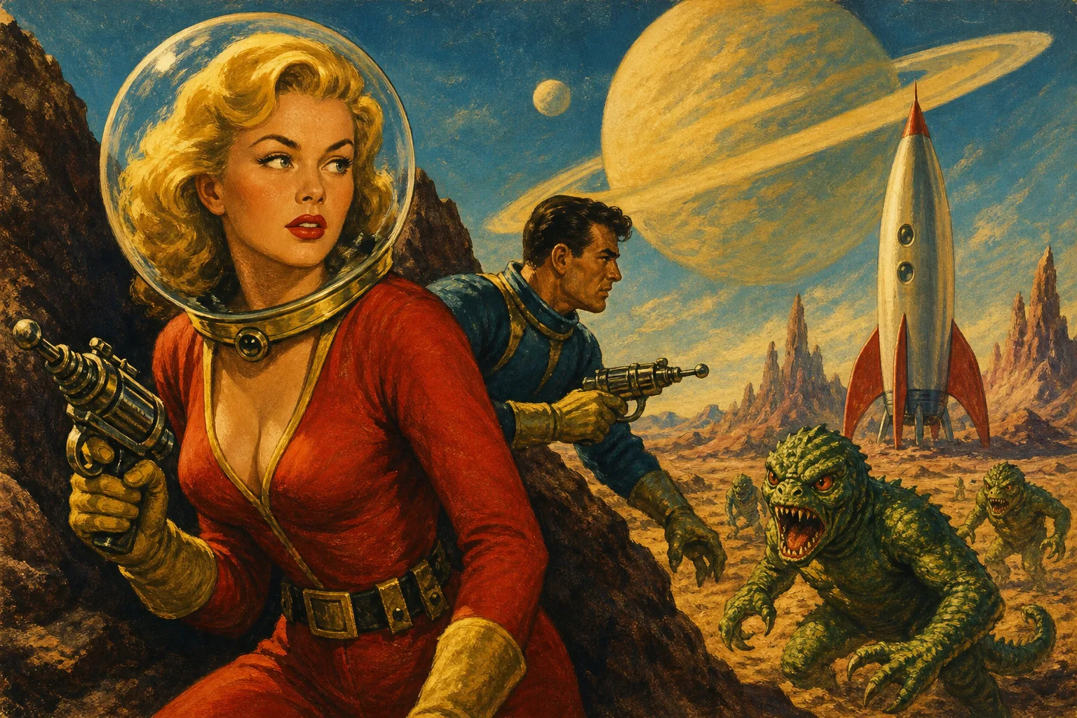 Retro Pulp poster style: illustrated pulp-paperback color and composition
