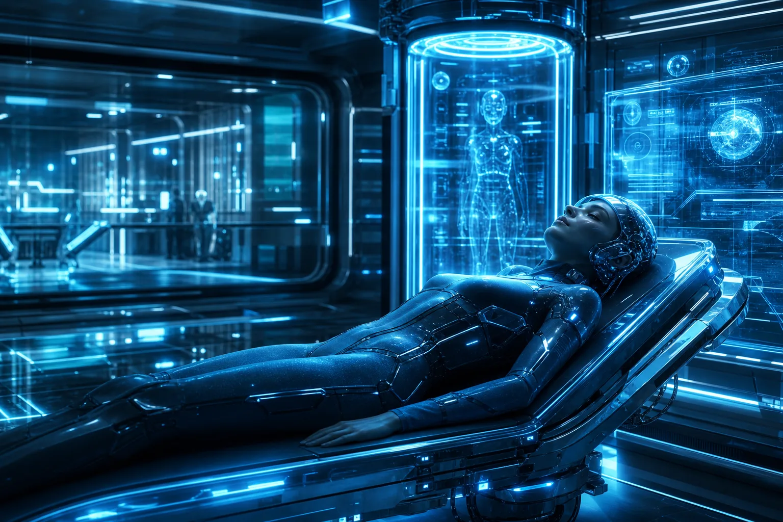 Sci-Fi/Tech-Noir poster style: cool blue tech glow and clinical futurism