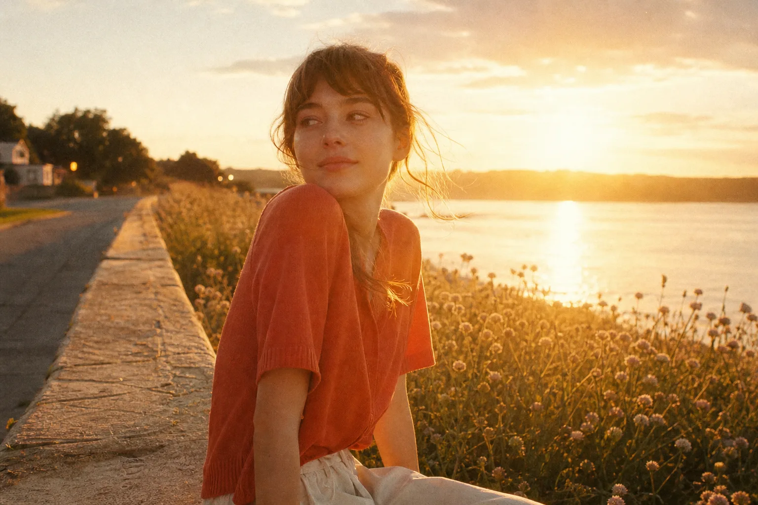 Sun-Drenched Indie poster style: warm backlight over an open road