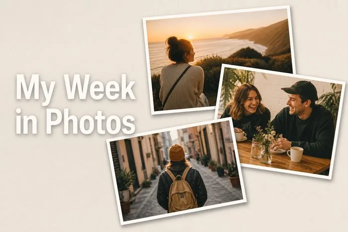 Overlapping Photo Stack thumbnail style: frames layered like a scattered photo stack