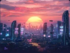 Generated cityscape scene upscaled 2x with SparkStation Upscale
