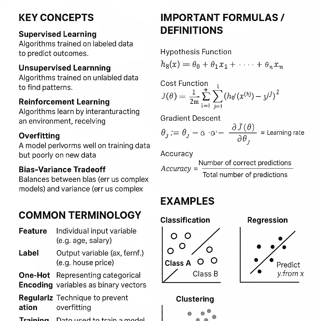 Cheat Sheet example: Machine Learning key concepts, formulas and terminology on one page