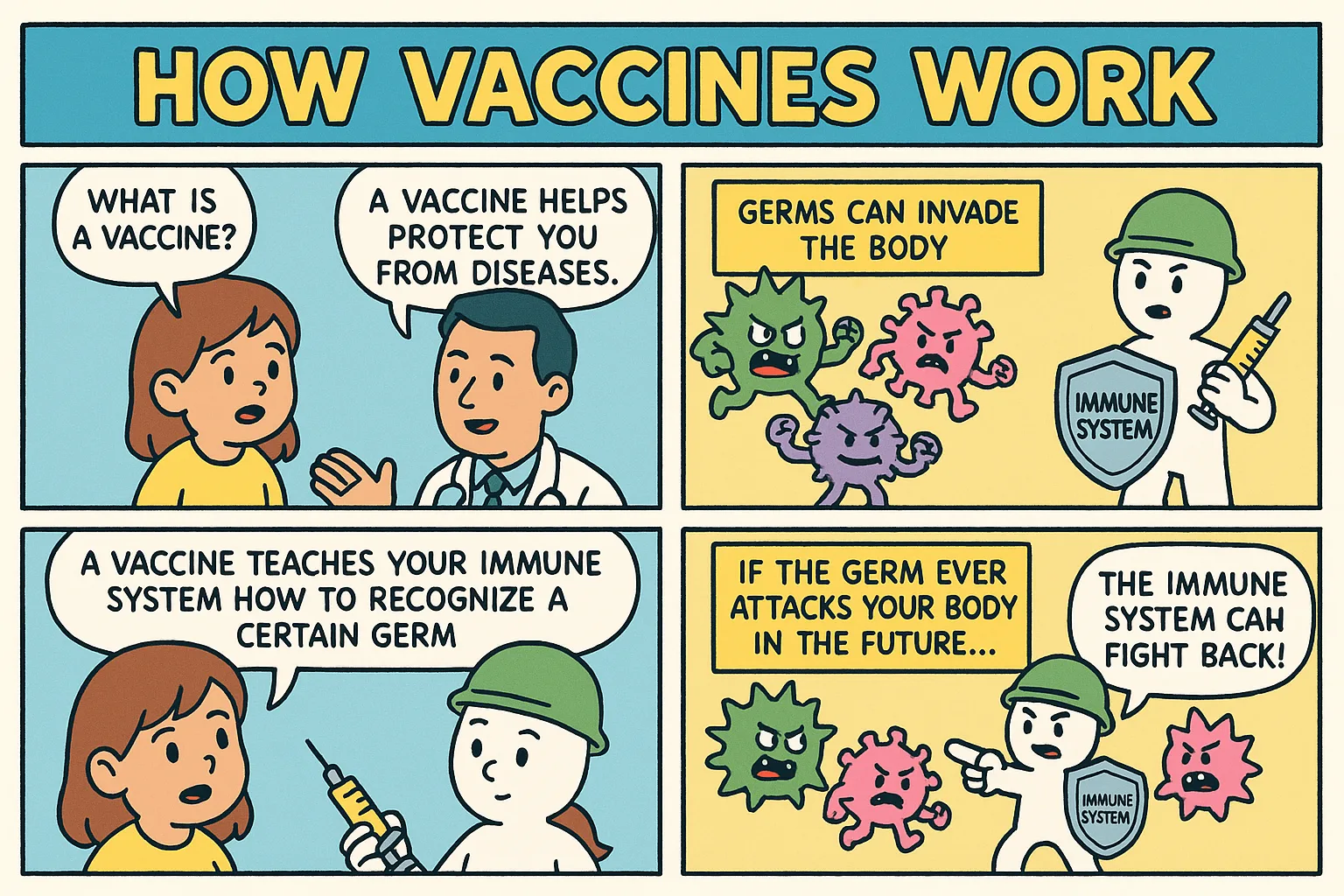 Comic Explainer example: How Vaccines Work as a 4-6 panel comic strip