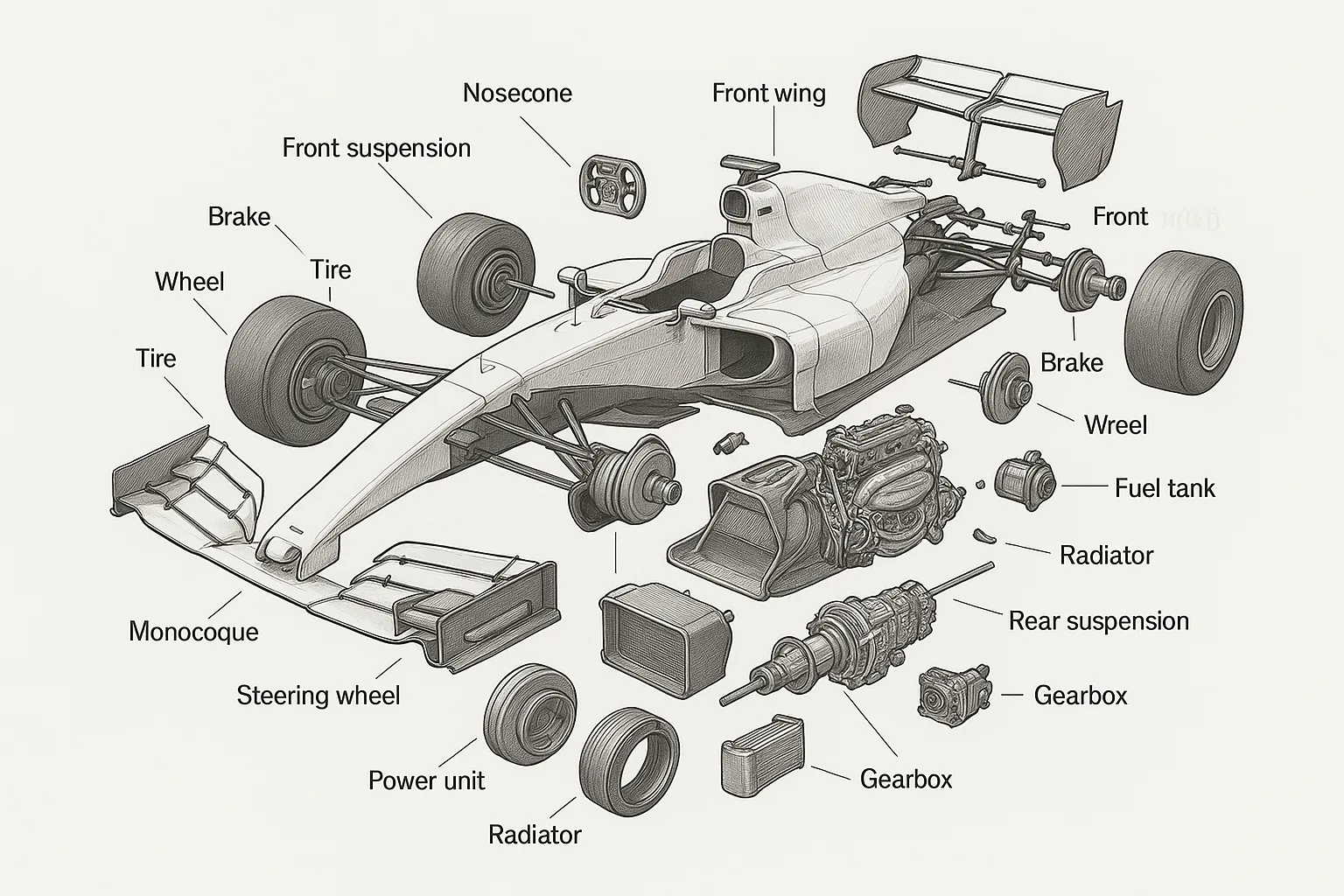 Exploded View example: Formula 1 car with every component separated and labeled