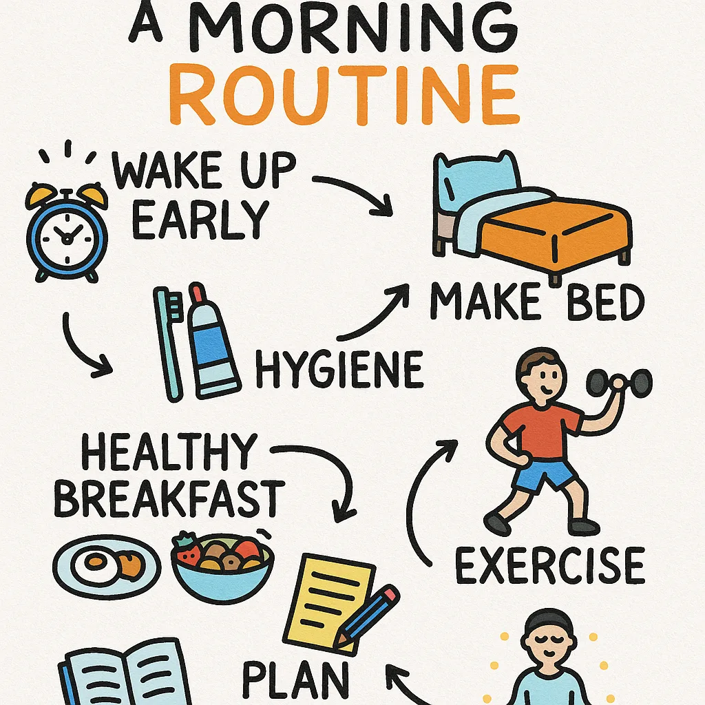 Sketchnote example: Building a Morning Routine, hand-lettered headers and doodles