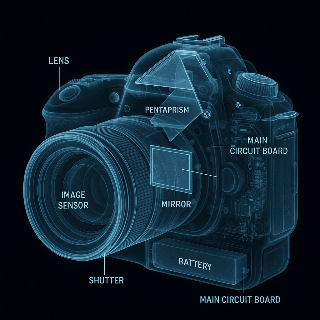 X-Ray example: DSLR camera radiographic internal view with labeled components