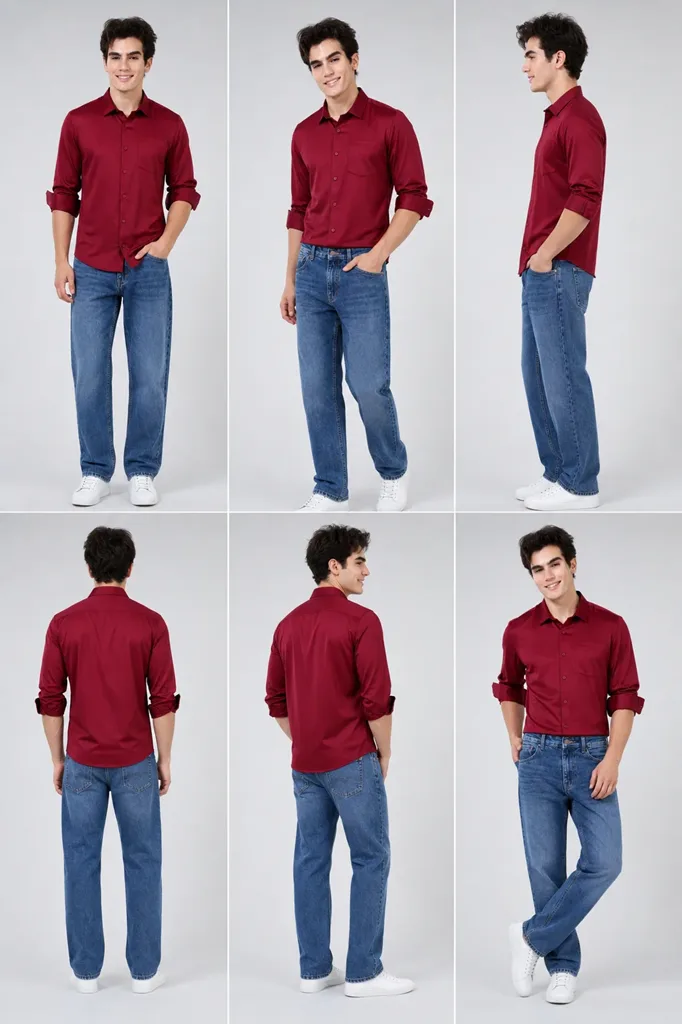Virtual Try-On grid showing a casual outfit on a female model across multiple angles