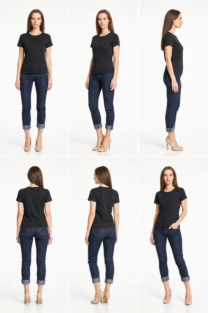 A real Virtual Try-On output grid showing one garment across several pose variations